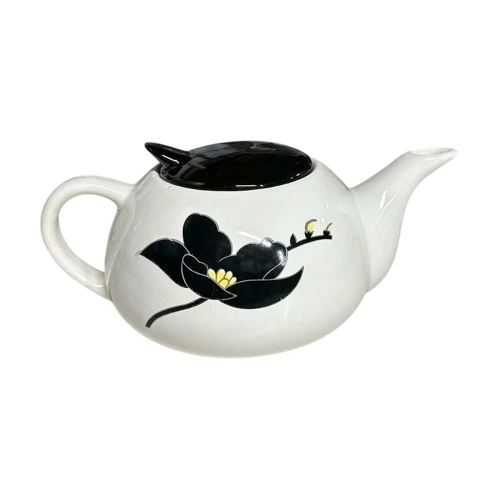 VTG Furama Ceramic Teapot Floral Black Lid White Flower Design Kitchen MCM Decor